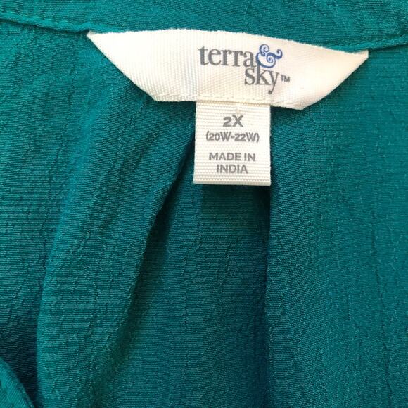 Terra Sky Blouse Size 2XL Green Pleated Peasant Top Boho Cottage Garden Flowy - Picture 3 of 8